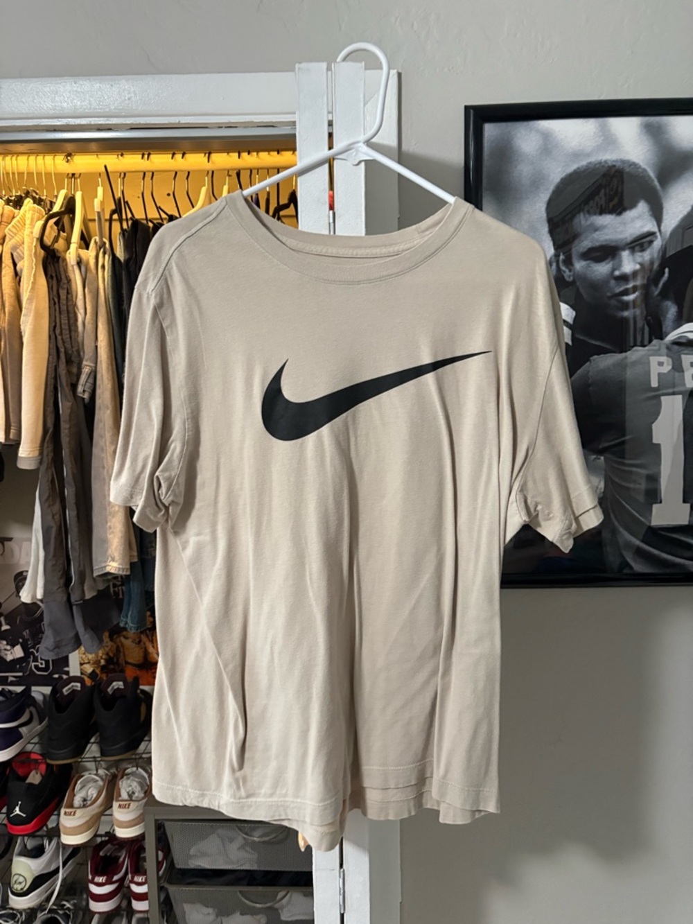 Nike Beige Short Sleeve T-Shirt with Black Swoosh